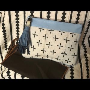 Powder Blue Moroccan Leather and Mudcloth Clutch